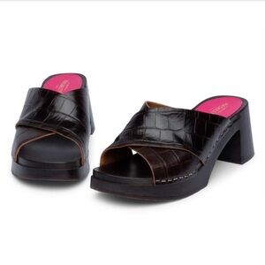 Swedish Hasbeens Black Croc-Embossed Sandals